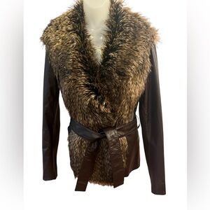 Cache Brown Leather Jacket with Faux Fur size M